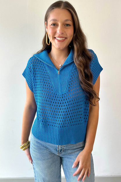 Open Knit Quarter Zip Short Sleeve Sweater Top