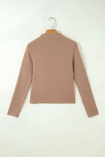 Straw Yellow Solid Color Ribbed High Neck Long Sleeve Sheath Top