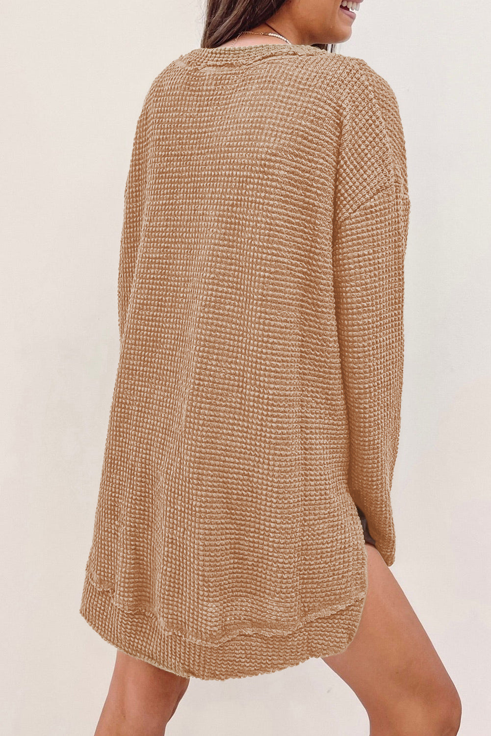 Black Waffle Knit Oversized Top with Side Slits