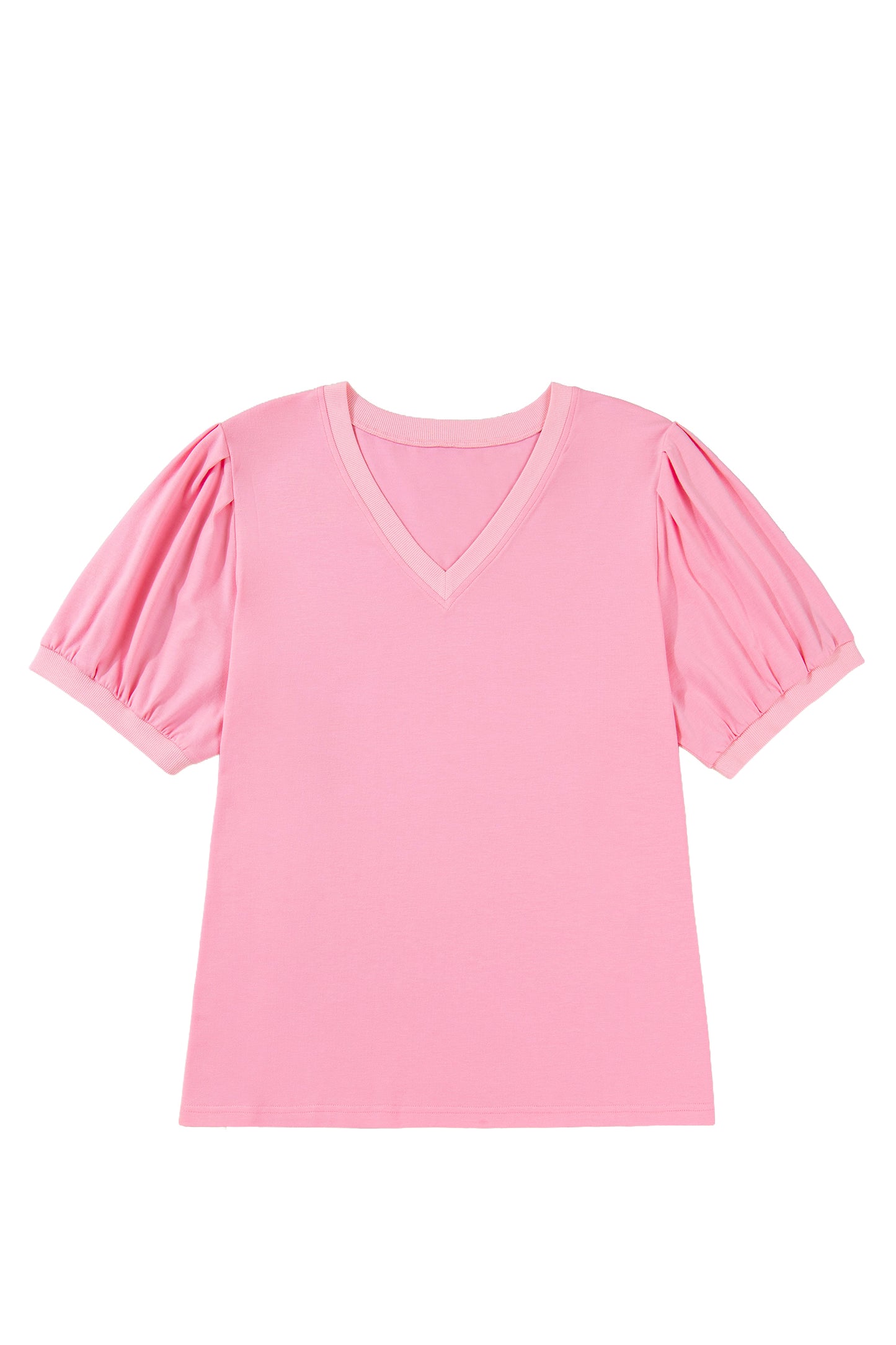 Pink V Neck Puff Sleeve Plus Size Blouse Top