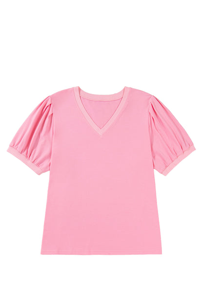 Pink V Neck Puff Sleeve Plus Size Blouse Top