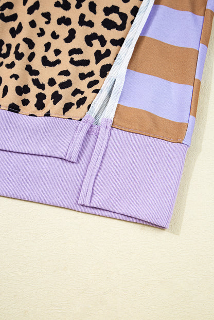 Khaki Stripe Colorblock Leopard Oversized Sweatshirt