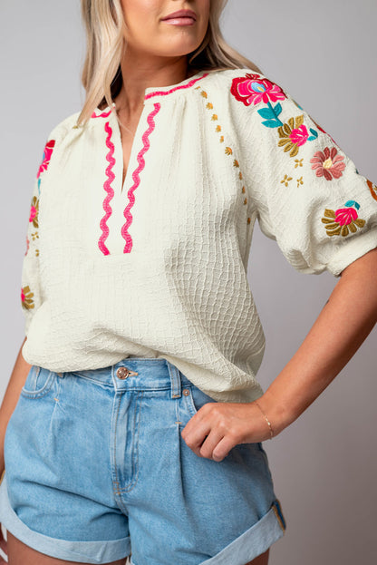 Floral Embroidered Ricrac Puff Sleeve Textured Blouse