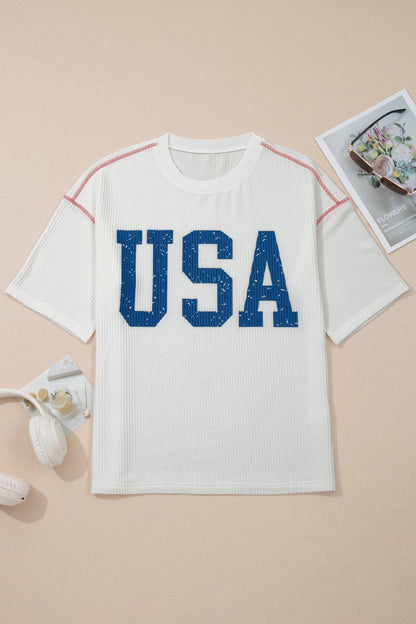 USA Ribbed Graphic Tee Loose Fit Patriotic Top