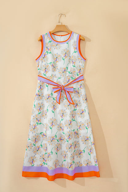 Floral Sleeveless Maxi Dress Women Belted Summer Casual