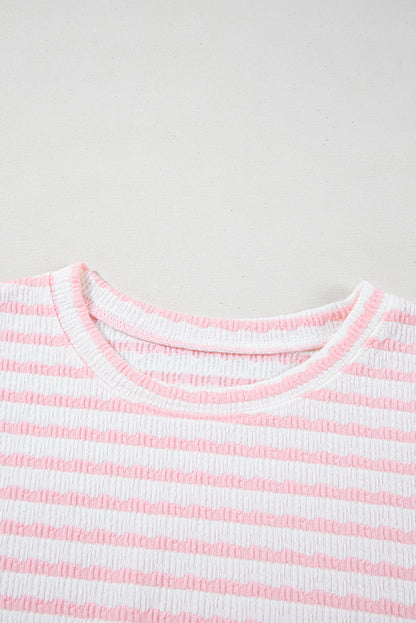 Pink Stripe Textured Knit Lounge Set Drawstring Shorts
