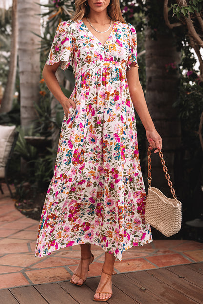 Easter Floral V Neck Short Sleeve Boho Maxi Dress