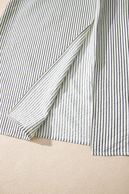 Black Stripe Ruffle Half-Button Short Sleeve Maxi Dress