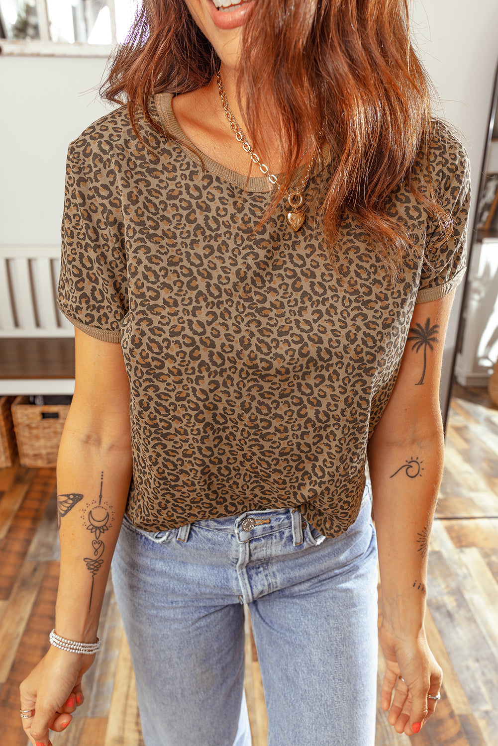 Western Leopard Print Crew Neck Casual Tee for Women