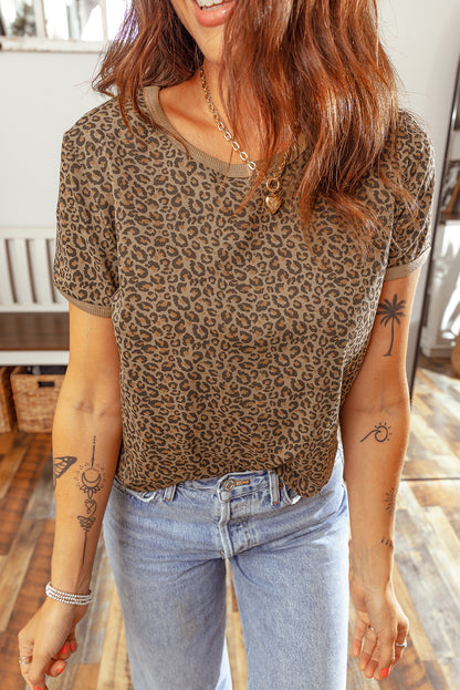 Western Leopard Print Crew Neck Casual Tee for Women
