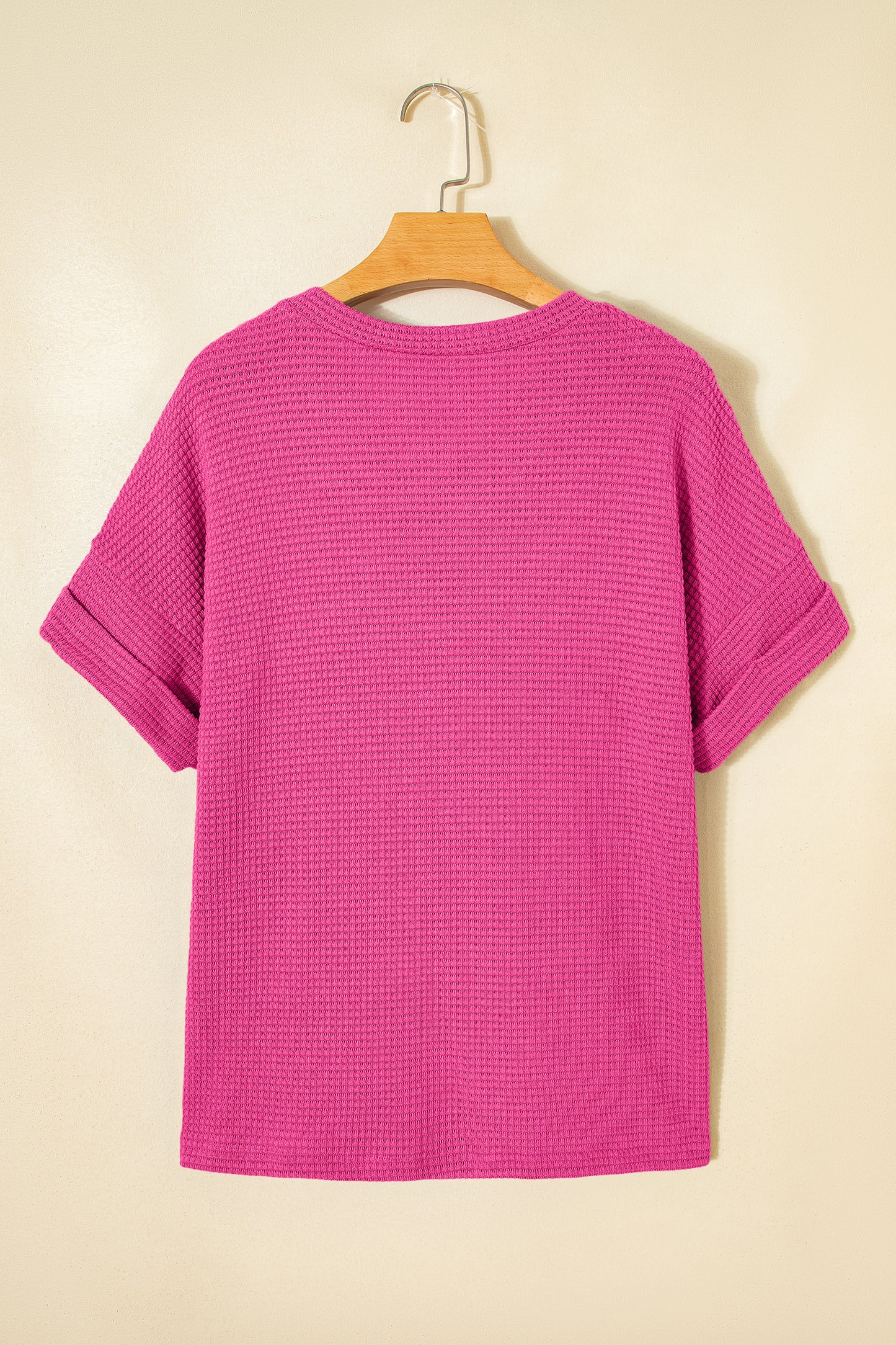 Strawberry Pink Waffle Knit V Neck Short Sleeve Casual Top