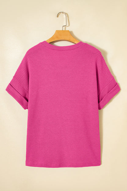 Strawberry Pink Waffle Knit V Neck Short Sleeve Casual Top