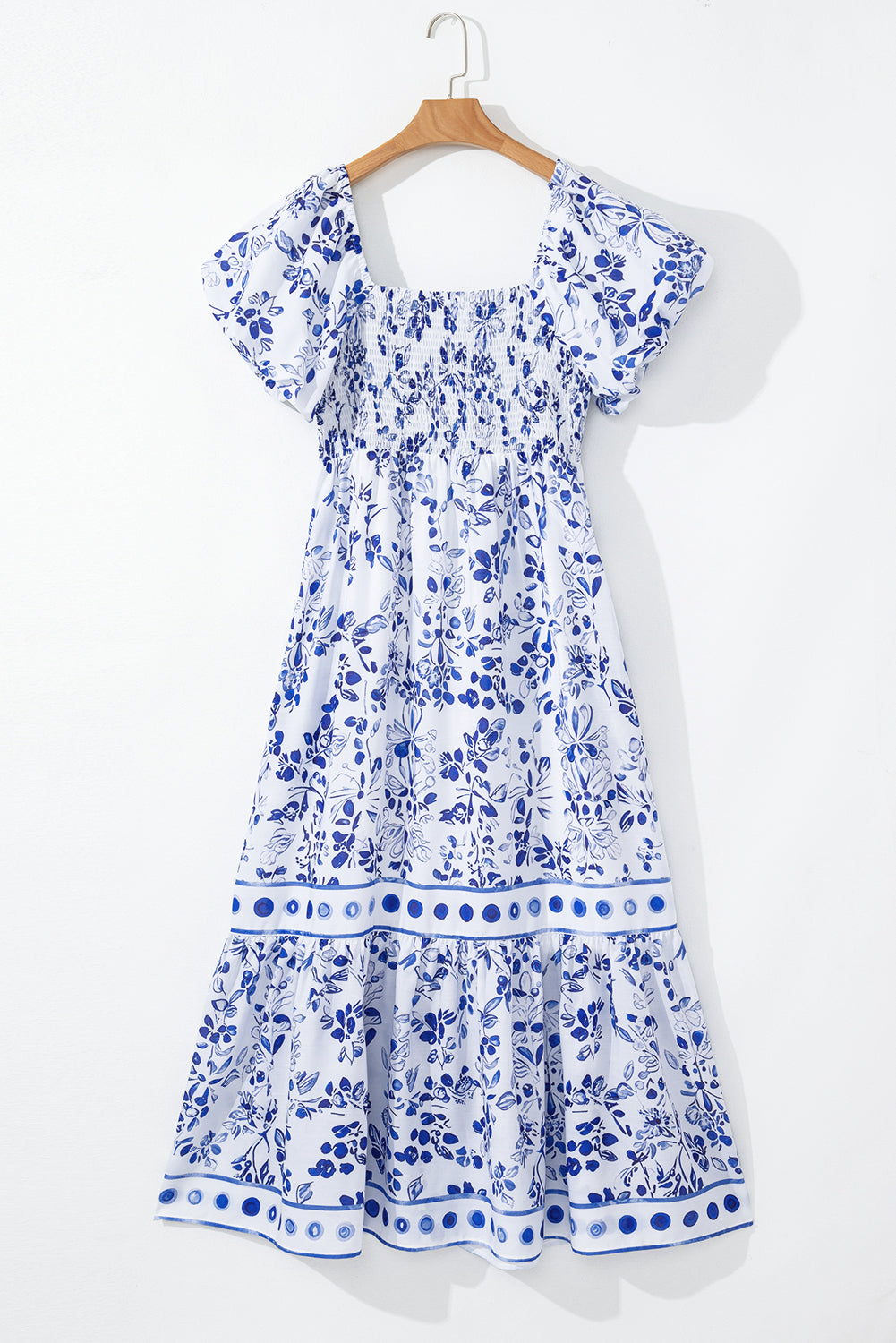 Blue Floral Square Neck Smocked Maxi Dress