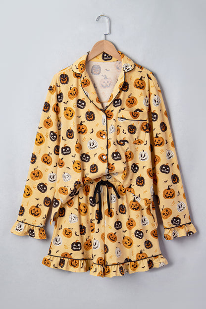 Halloween Pumpkin Print Ruffle Shorts Pajama Set