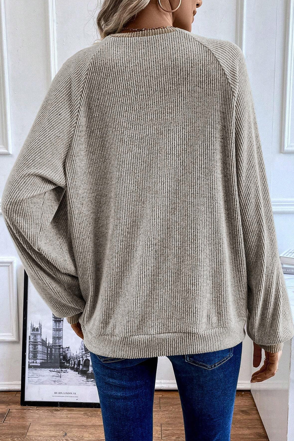 Ribbed Contrast Panel Loose Fit Long Sleeve Top