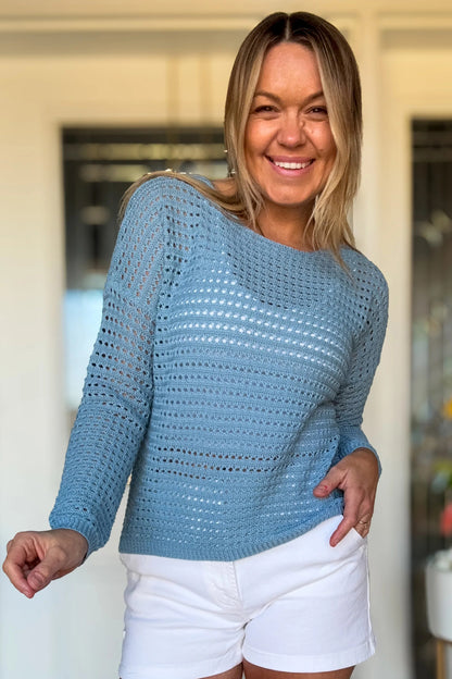 Myosotis Openwork Crochet Knit Round Neck Casual Sweater