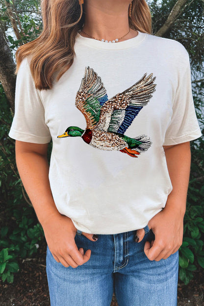 Rhinestone Duck Graphic Tee Crew Neck Casual T Shirt