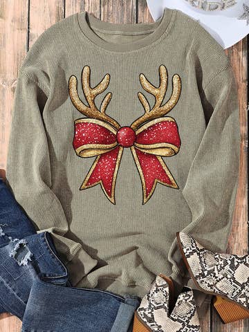 Christmas Reindeer Bow Graphic Corded Knit Sweatshirt