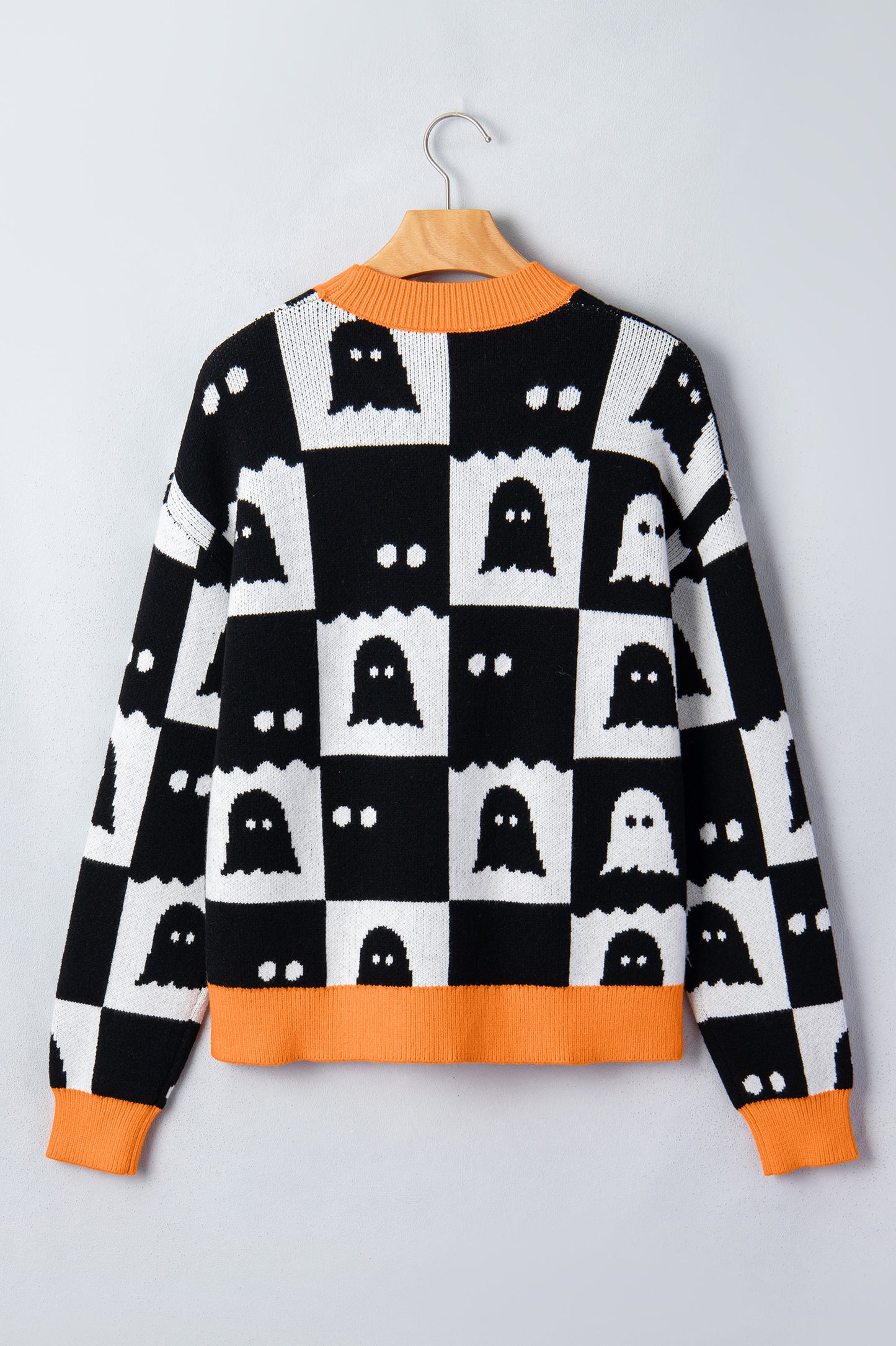 Halloween Ghost Print Checkerboard Knit Sweater