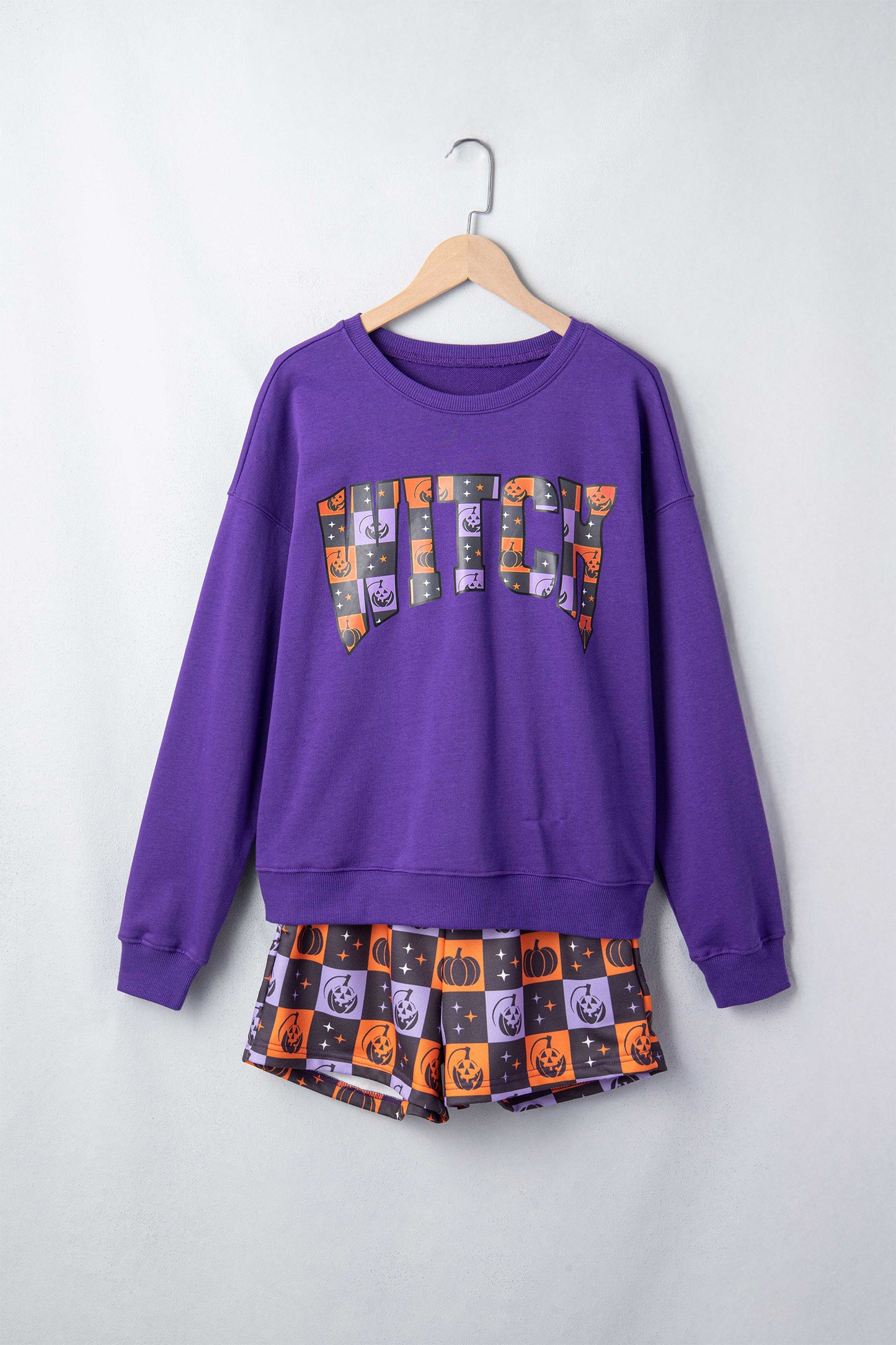 Halloween Witch Graphic Checkerboard Shorts Set