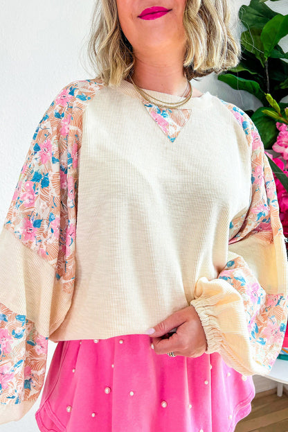 Apricot Plus Size Floral Patchwork Ribbed Puff Sleeve Top