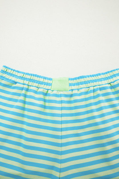 Striped Long Sleeve Pullover and Shorts Lounge Set