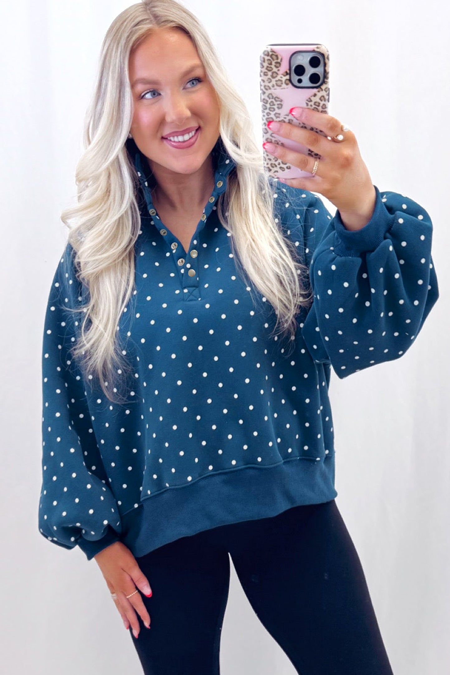 Polka Dot Button Collar Pullover Sweatshirt