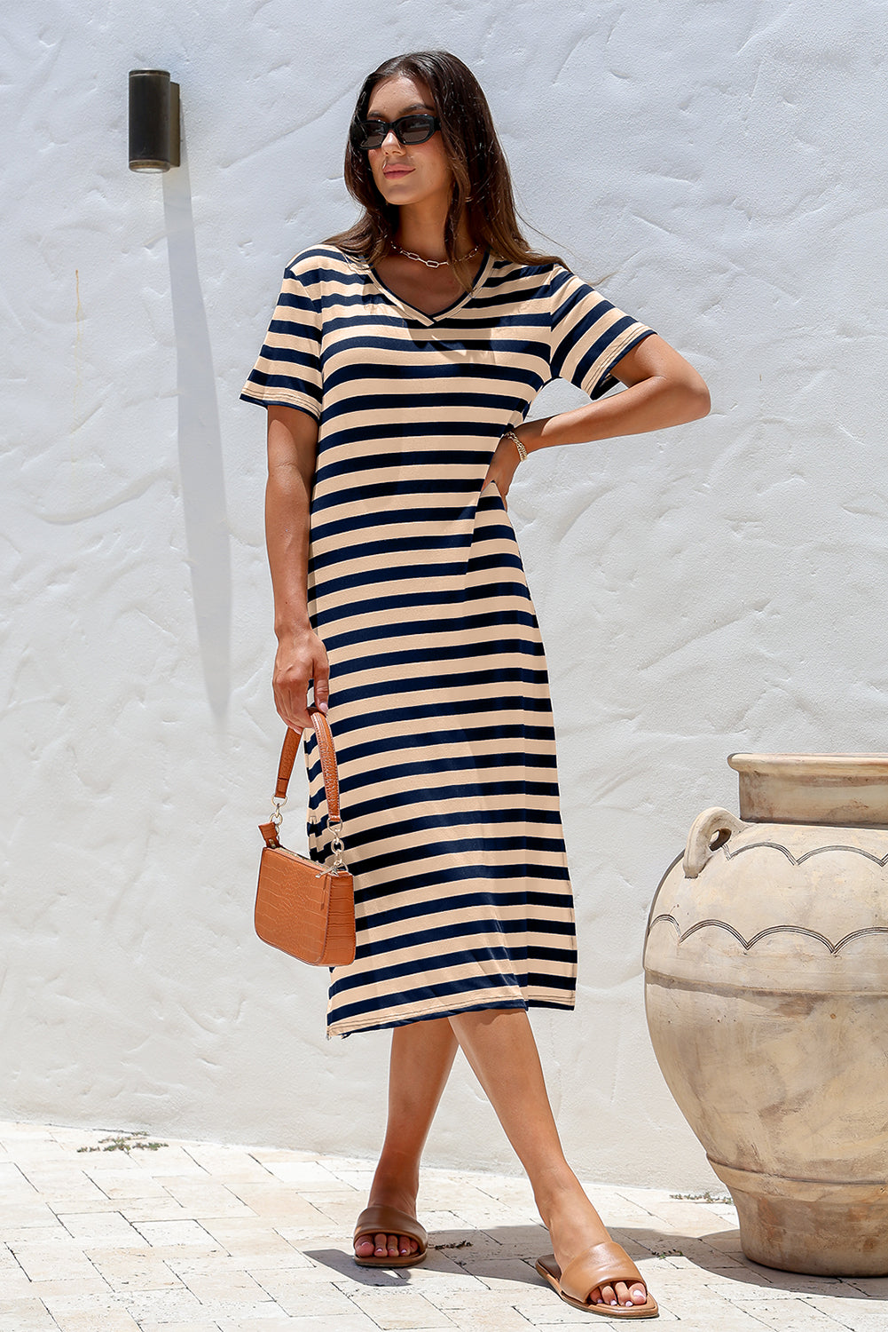 Black Stripe V Neck T Shirt Maxi Dress with Side Slit