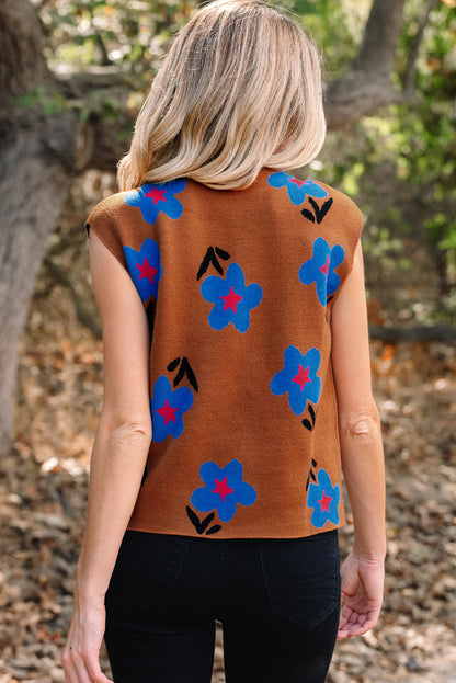 Women’s Chestnut Floral Knit High Neck Sleeveless Vest