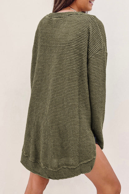 Black Waffle Knit Oversized Top with Side Slits