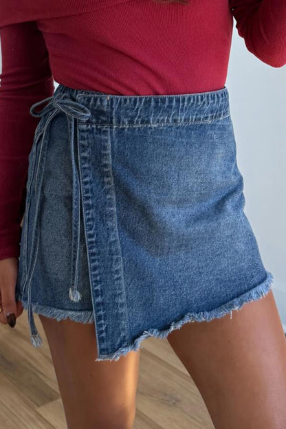 Denim Wrap Mini Skirt Women Tie Waist Casual Summer