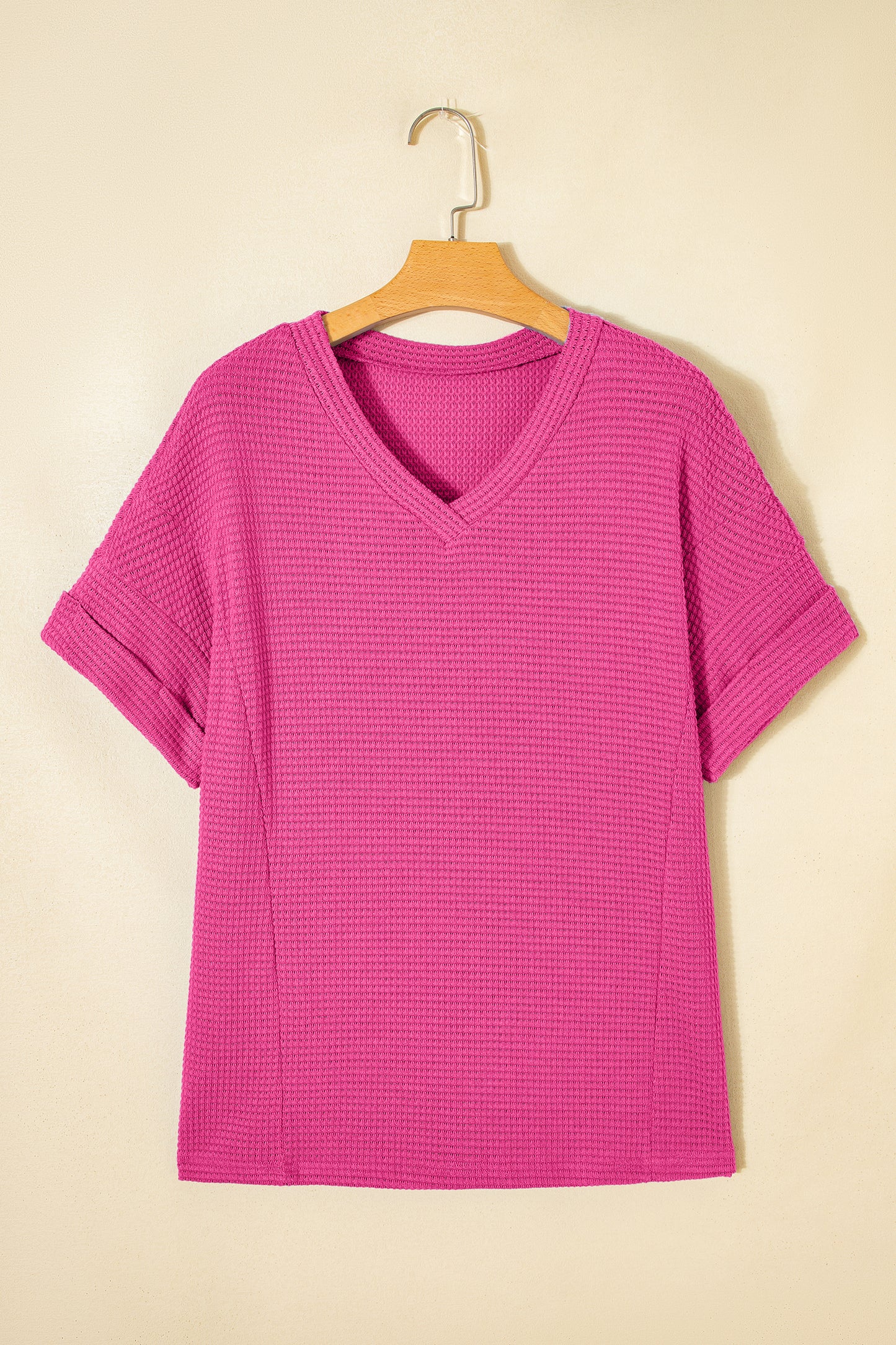 Strawberry Pink Waffle Knit V Neck Short Sleeve Casual Top