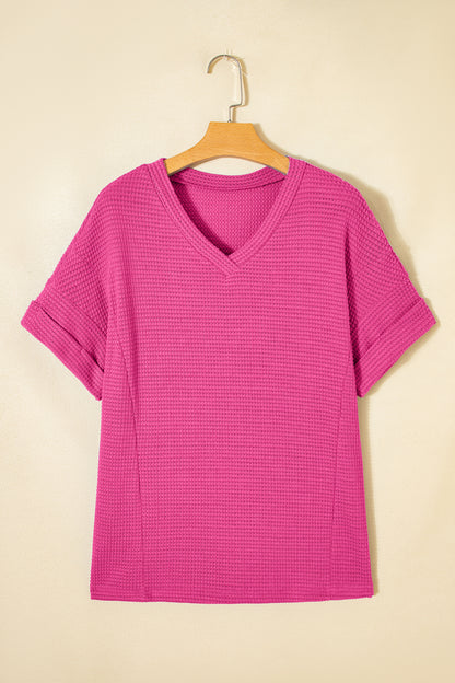 Strawberry Pink Waffle Knit V Neck Short Sleeve Casual Top