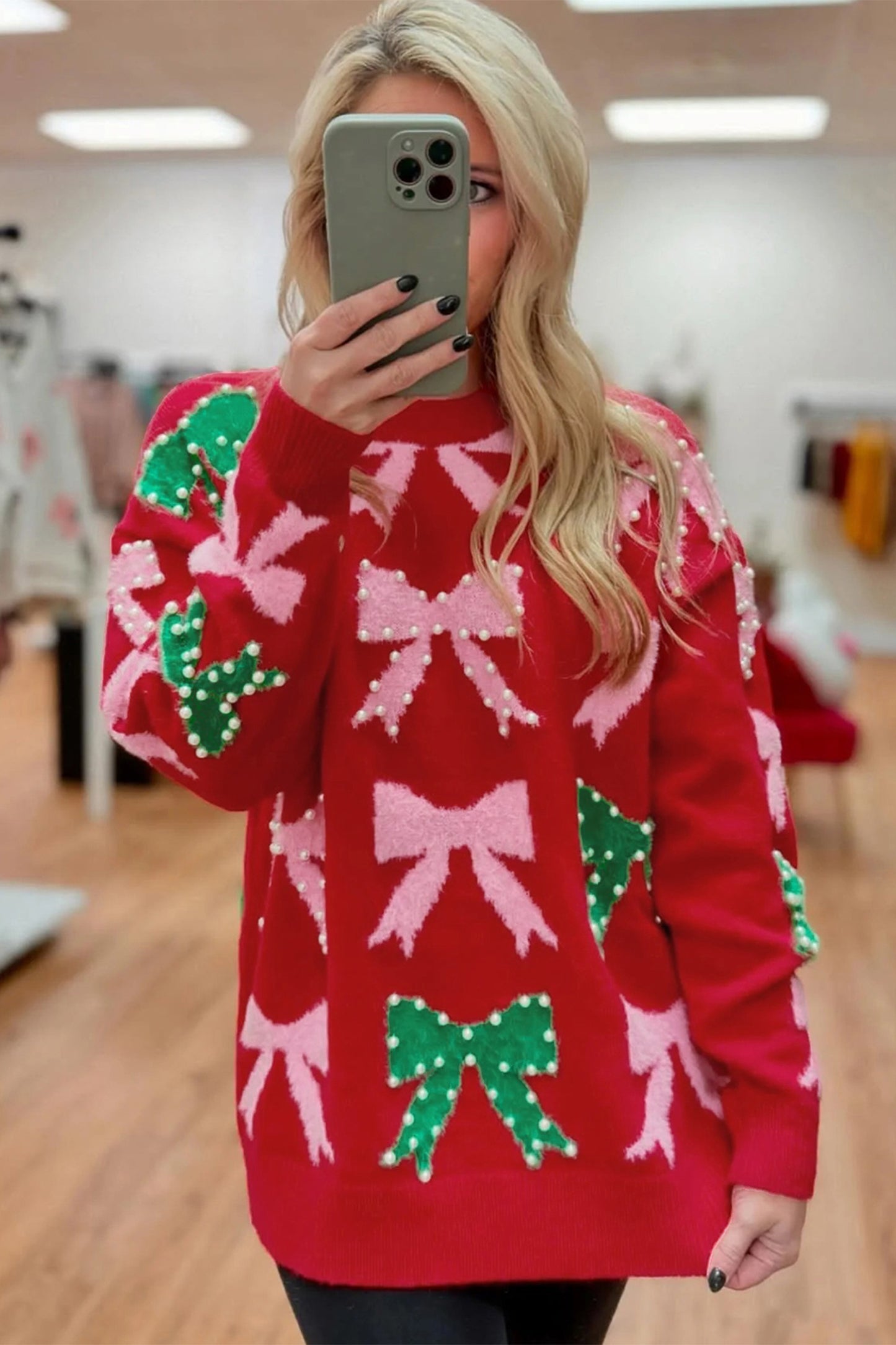 Valentine’s Day Bow Pearl Embellished Knit Sweater