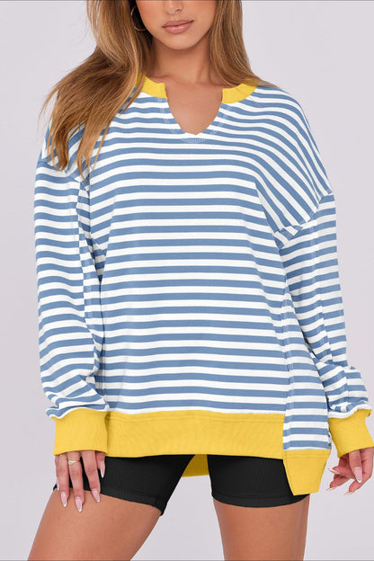 Bold Striped V-Neck Sweatshirt with Neon Contrast Trim