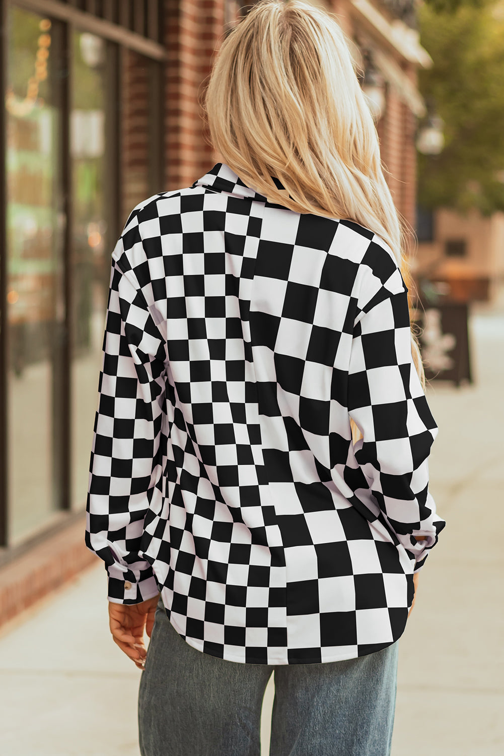 Checkerboard Print Flap Pocket Button Front Shacket