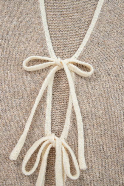 Khaki Tie Front Drop Shoulder Knit Cardigan Sweater
