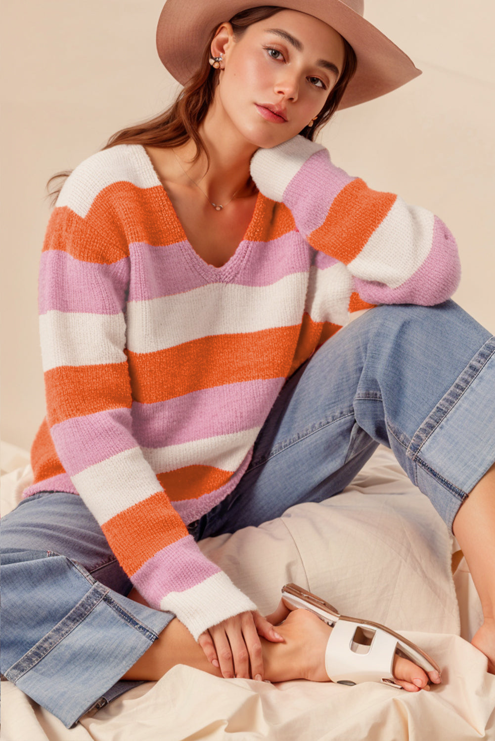 Orange Stripe Colorblock V Neck Casual Sweater