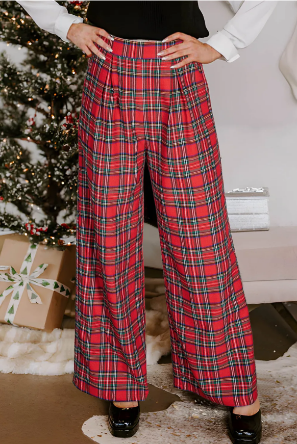 Red Festive Plaid Wide Leg Pull On Pants