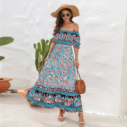 Women's Off Shoulder Midi Dress Floral Short Sleeve A Line Casual Beach Vacation Dresses