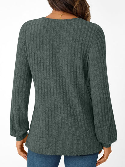 Textured Rib Knit V-Neck Pullover Long Sleeve Top