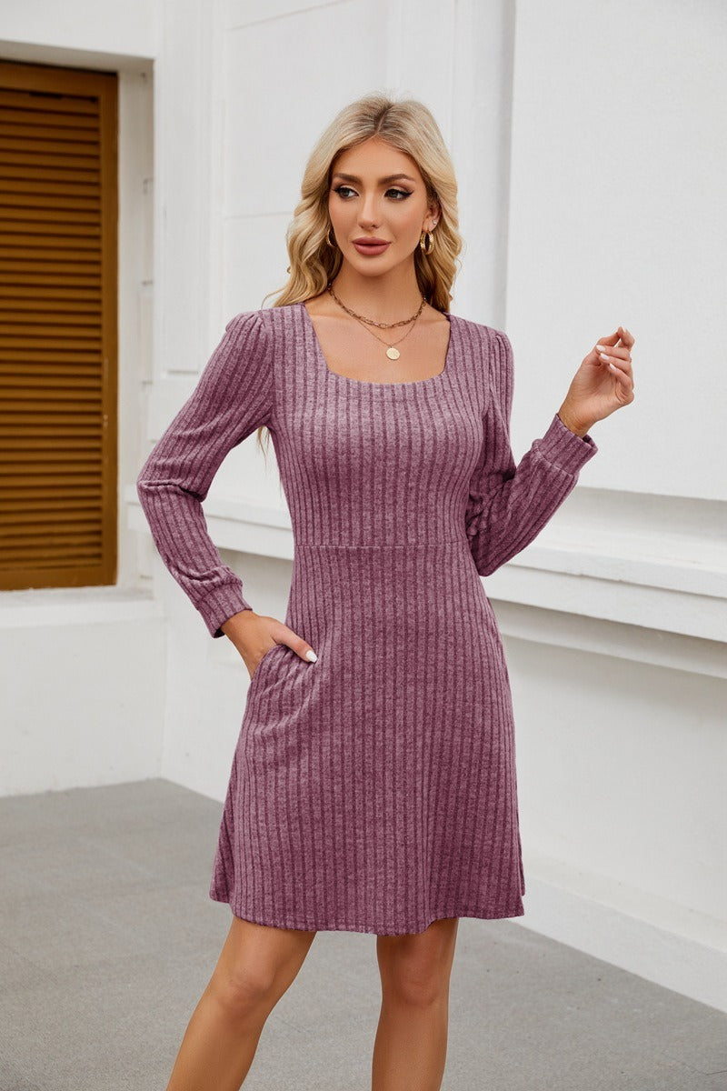 Square Neck Ribbed Knit Dress with Pockets