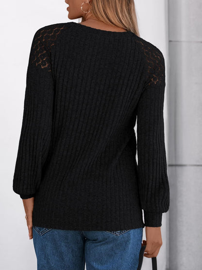 Solid Ribbed Knit Button Pullover with Lace & Buttons