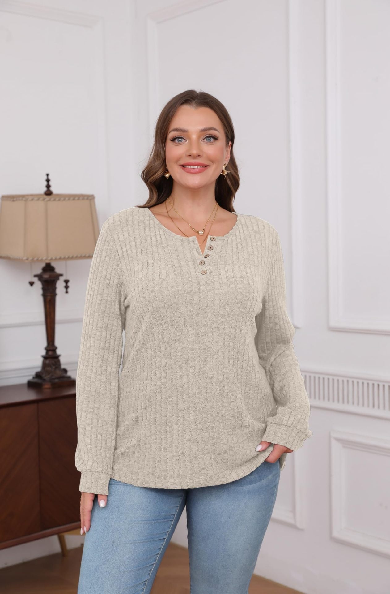 Ribbed V-Neck Button Knit Long Sleeve Pullover