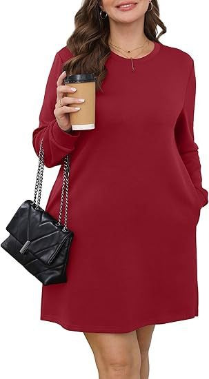 Cozy Long Sleeve Crewneck Sweatshirt Dress with Pockets