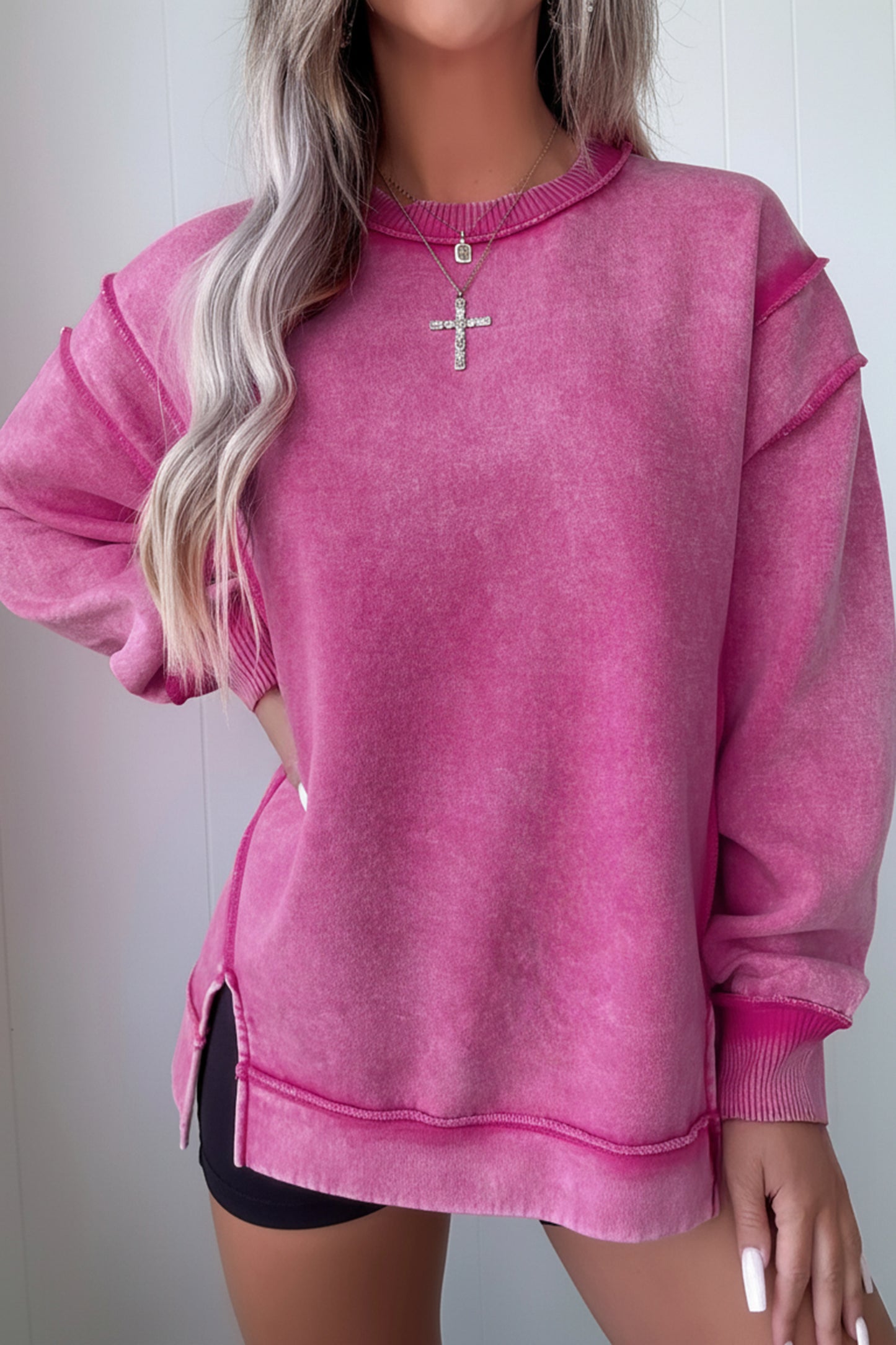 Mineral Wash Exposed Seam Sweatshirt Side Slit Casual Pullover