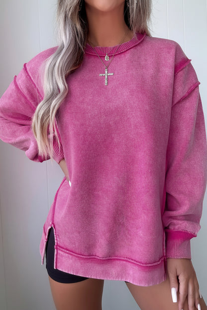 Mineral Wash Exposed Seam Sweatshirt Side Slit Casual Pullover