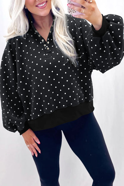 Polka Dot Button Collar Pullover Sweatshirt