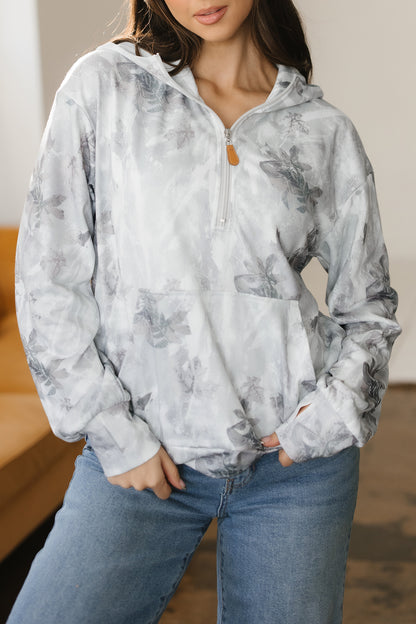 Gray Camo Leaf Print Quarter Zip Hoodie with Pocket