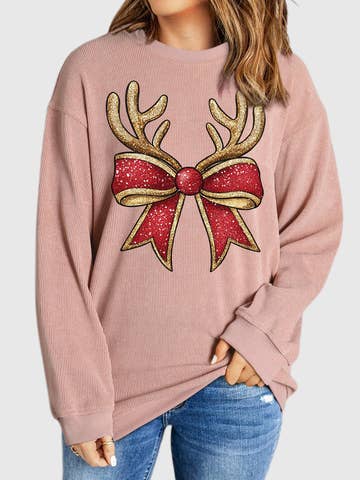 Christmas Reindeer Bow Graphic Corded Knit Sweatshirt
